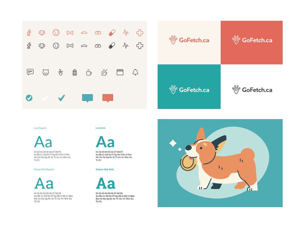 Illustrations applying the GoFetch brand and ui guidelines